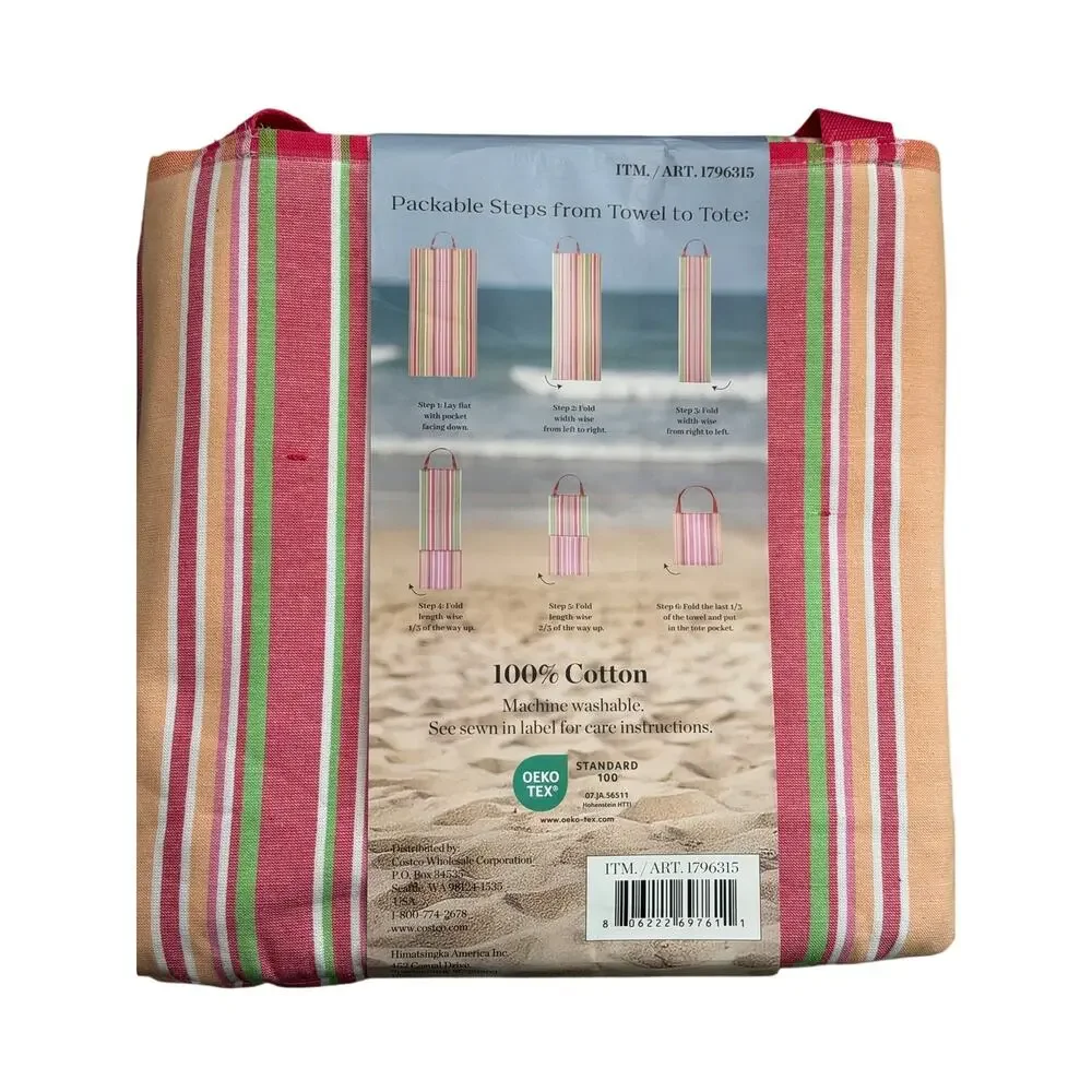 2-in-1 Beach Towel & Tote Bag, 100% Cotton, Striped, 40x72 Multicolor